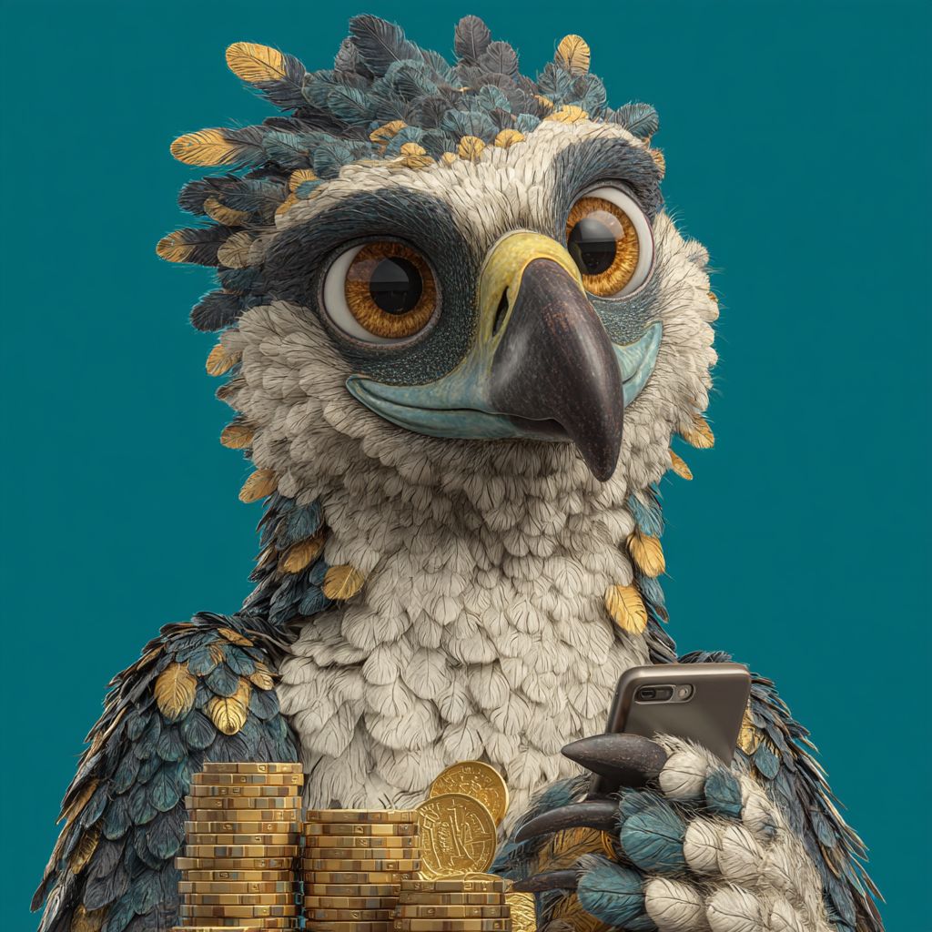SkyPH mascot eagle with gold coins and a smartphone