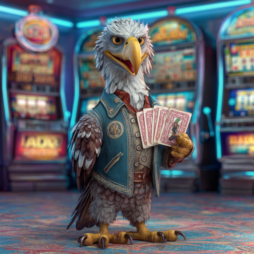 SkyPH mascot eagle with cards in the casino