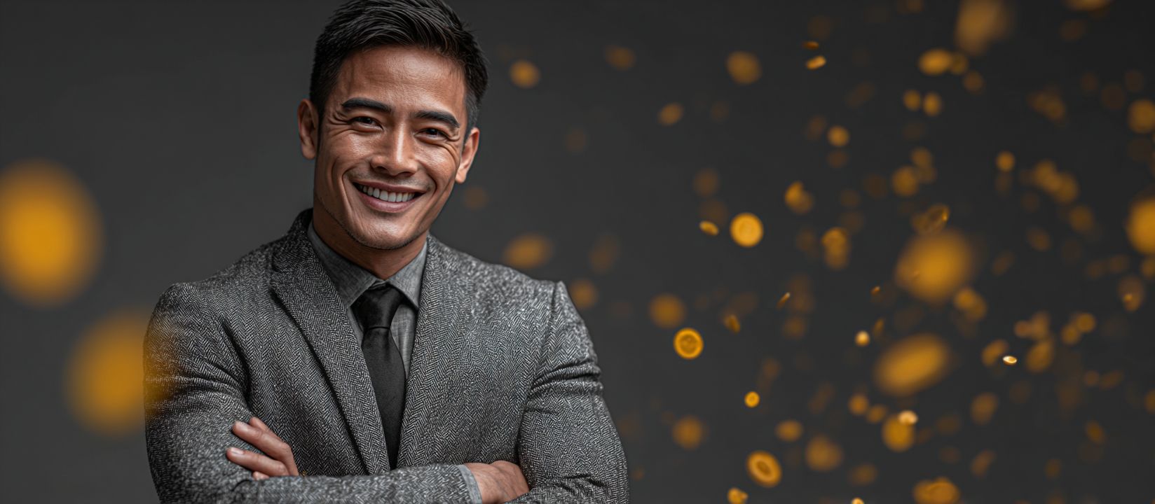 Smiling SkyPH casino player surrounded by golden coins